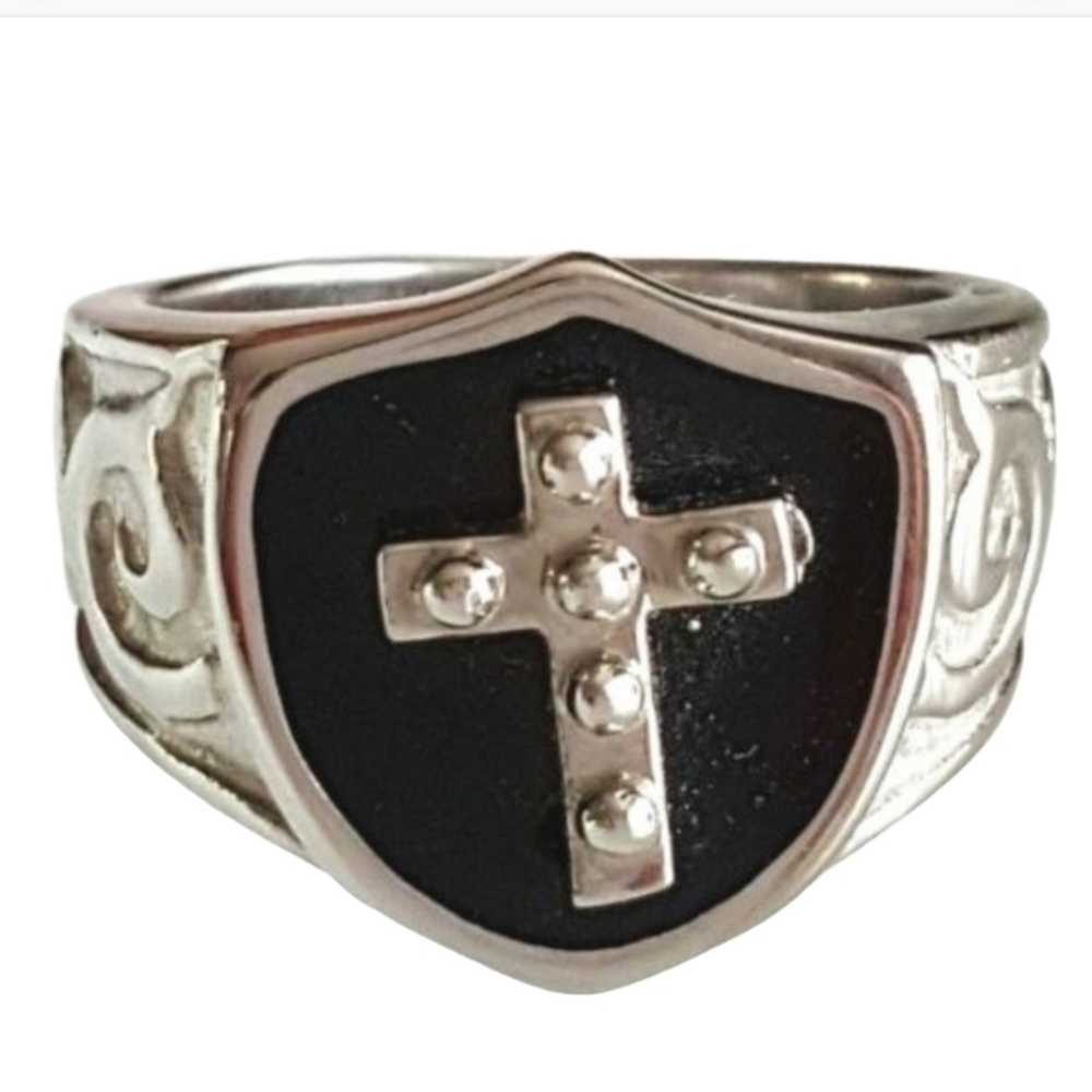 Men's Stainless Steel Ring Cross Silver Black 8 12  Christian Biker *